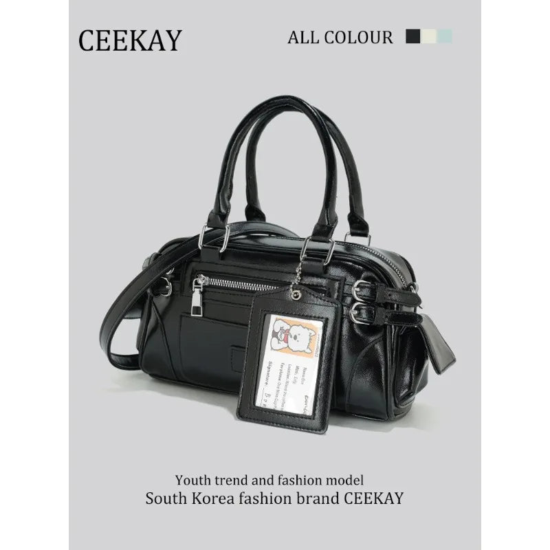 2026 New CEEKAY Boston Bag, Patent Leather Handbag with Card Holder Pendant, Casual Shoulder Bag for Women Casual Crossbody Bag