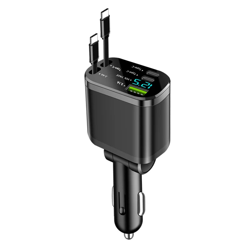 Chargeur voiture, chargeur voiture avec câble rétractable, chargeur voiture PD, recharge rapide voiture, recharge ultra-rapide, recharge flash, chargeur allume-cigare cinq en un