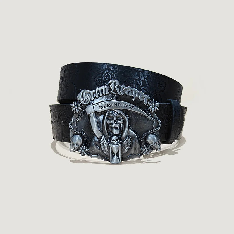 Ceinture en cuir grande taille tête de mort punk pour femmes et hommes, accessoire gothique Harajuku Y2K avec décoration main de squelette en relief pour Halloween