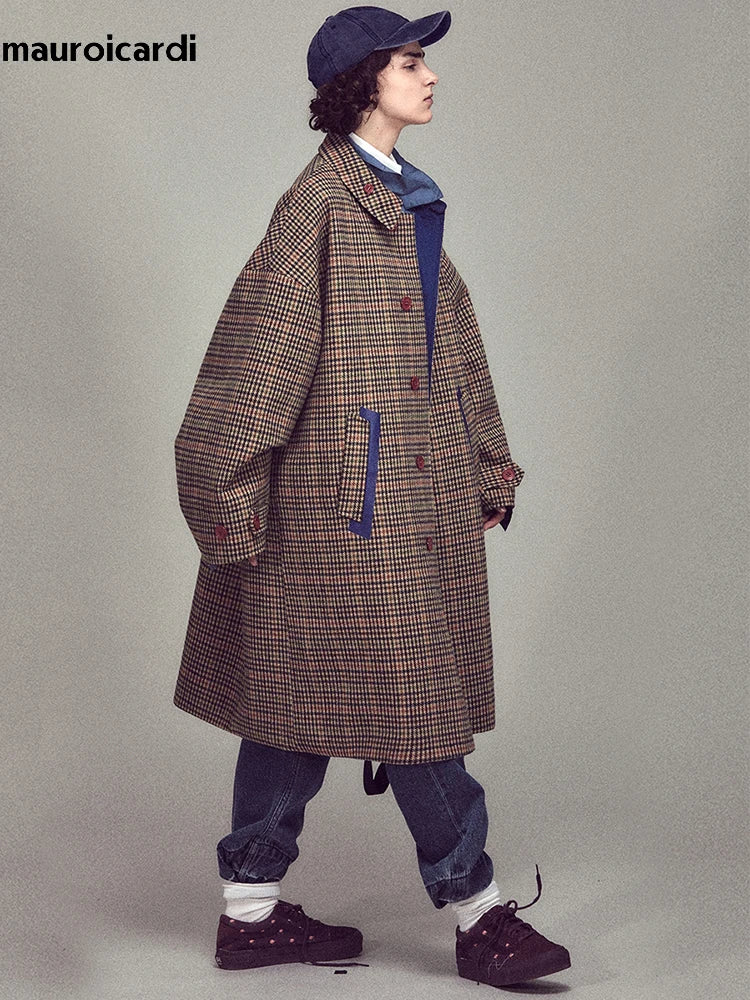 Mauroicardi Autumn Winter Oversized Warm Colorful Houndstooth Wool Blends Reversible Coat Men Luxury Designer Woolen Overcoat