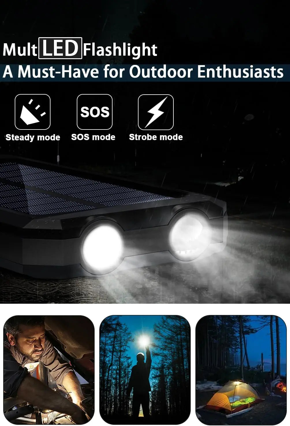 Solar Power Bank, QC3.0 Phone Charger, LED, IP65, Black | Built-in Charging Cables Dual USB Output Ports Emergency Backup Power Carabiner Clip Included Travel-Ready Portable Design