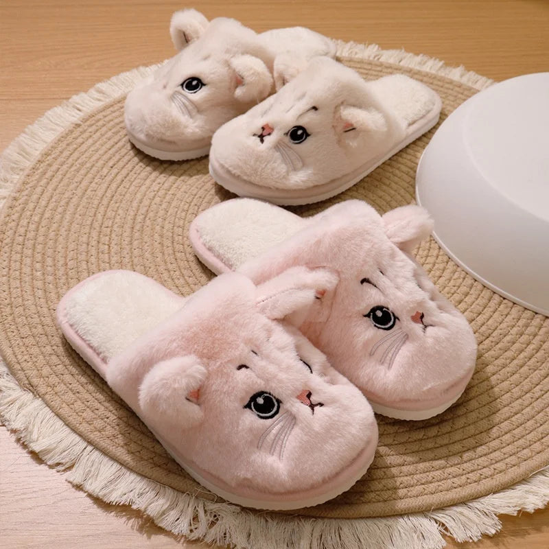 Pantuflas de algodón con diseño de gatito tierno para pareja, divertidas y casuales, sandalias con suela suave para el hogar, chanclas silenciosas para adultos y mujeres.
