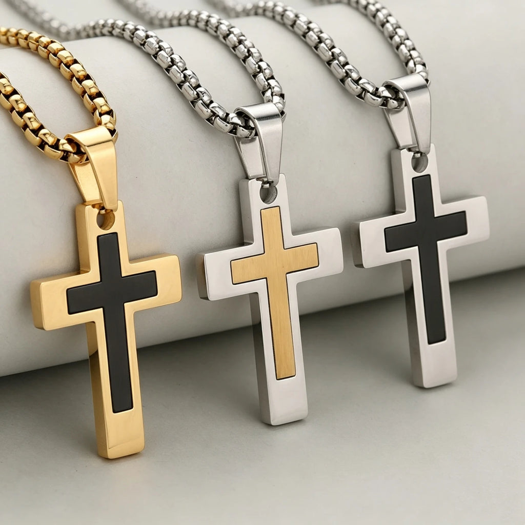 HNSP 316L Stainless Steel Inlay Cross Necklace For Men Women PVD Cross Pendant With Box Chain Waterproof Fashion Jewelry Gift