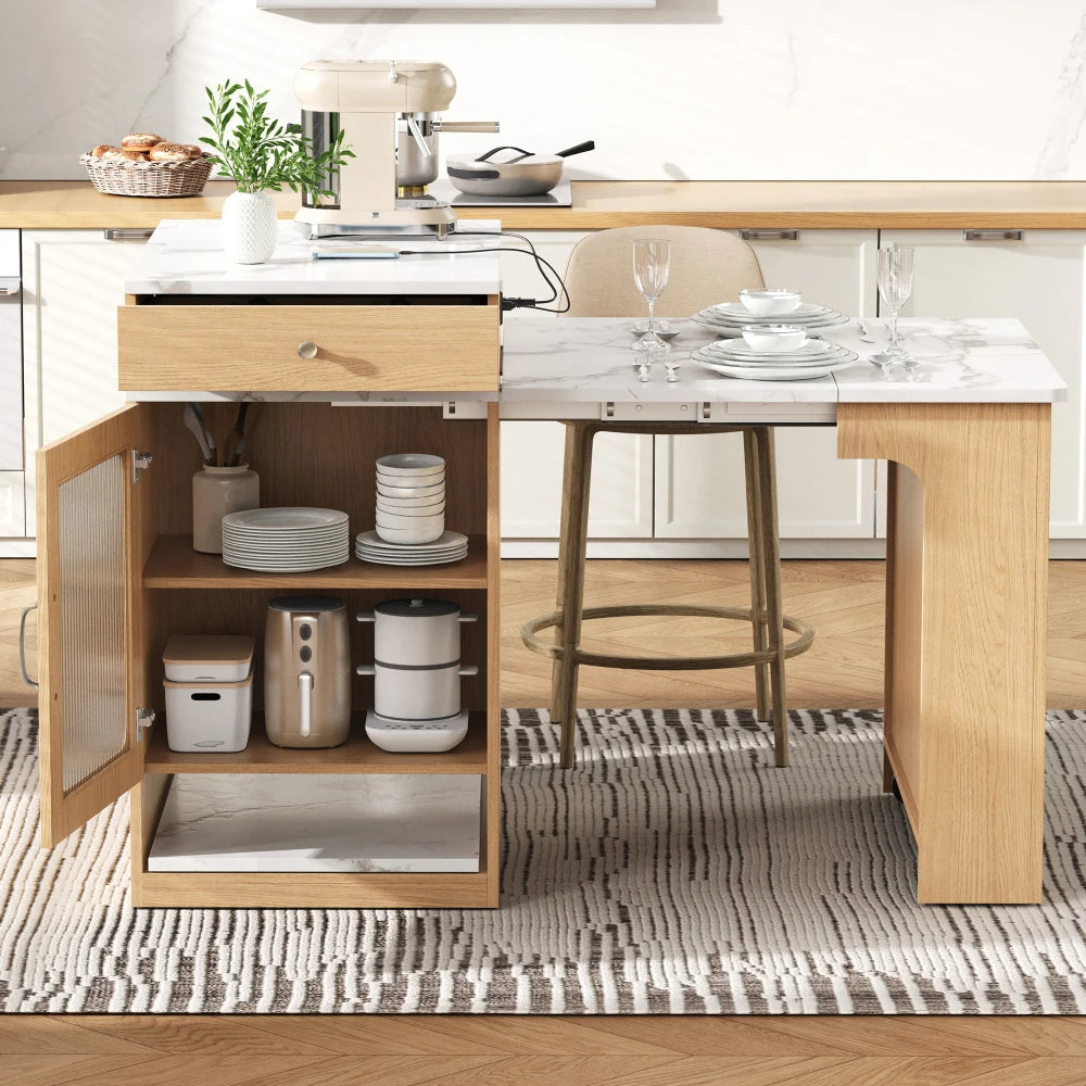Rollbare Kücheninsel mit ausziehbarem Esstisch und abnehmbarer Tischplatte, Bartisch mit Steckdosenleisten, Mehrzweckmöbel als Kücheninsel, Buffet, Sideboard oder Bartisch für Küche und Esszimmer, Natur