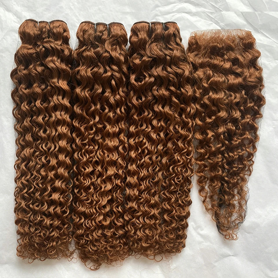 #4 Chocolate Brown Colored Water Wave Human Hair Bundles With HD Transparent Lace Closure Frontal Wet and Wavy Weave Deep Curly Wave Human Hair Extensions for Black Women