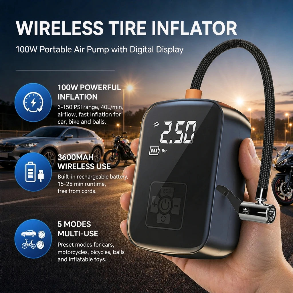 Portable Air Compressor Pump Electric Tire Inflator Digital LCD Display Wireless Cordless Car Tire Pump for Motorcycle Bicycle Boat Ball Inflatable Home Garage Trip