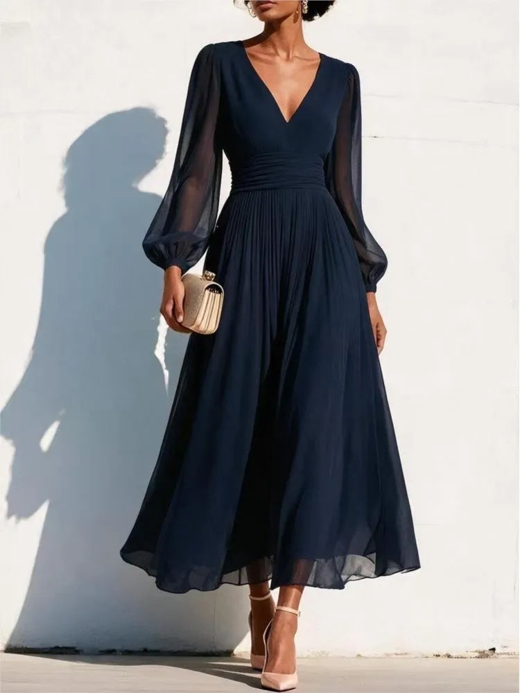 Abito midi da donna a maniche lunghe con scollo a V