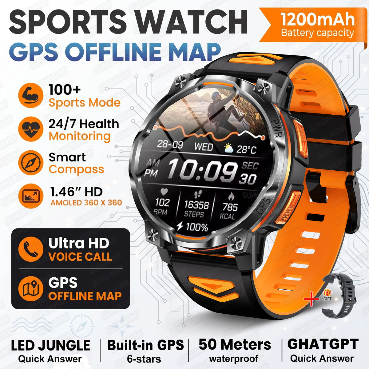 2026New GPS Map Smart Navigation Watch 1200mAh Compass Altimeter Sport Watch Waterproof Bracelet ChatGPT Military Smartwatch Men
