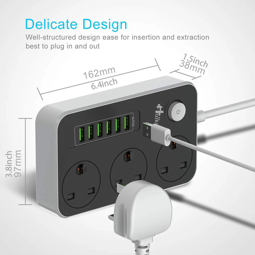 Regleta de enchufes tipo cubo con 6 puertos USB, 13A, 3250W, Hulker, 3 tomas de corriente con interruptor, regleta de alimentación de 3 vías con 6 puertos USB, 1,5 m