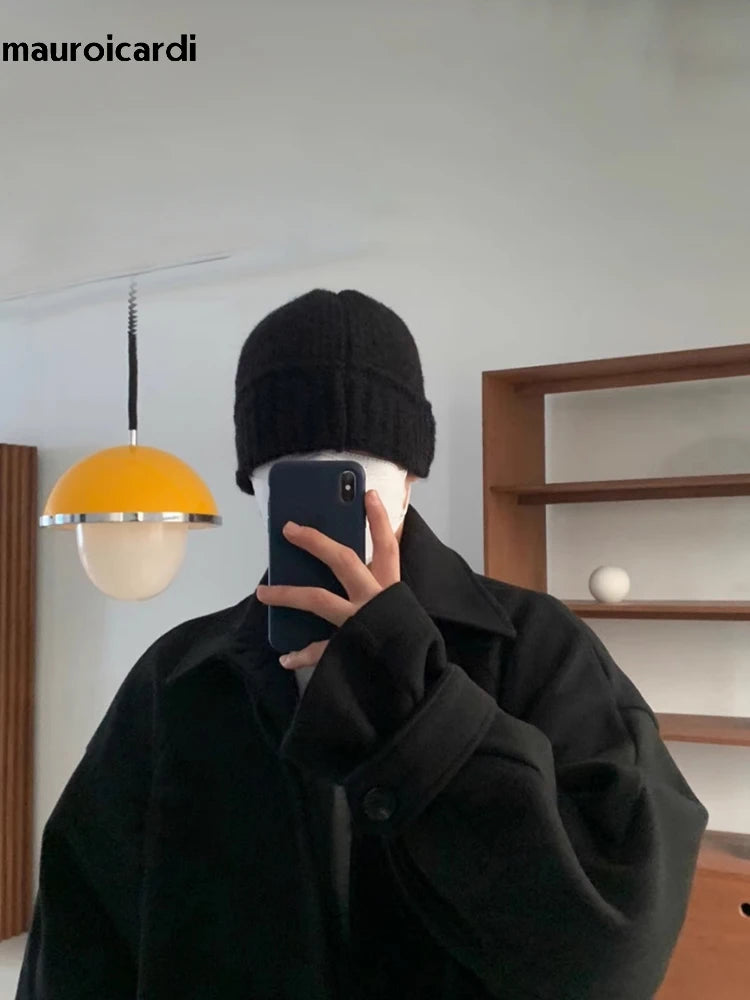 Mauroicardi Autumn Winter Long Warm Grey Black Slouchy Woolen Coat Men Single Breasted Loose Casual Wool Blends Overcoat 2023