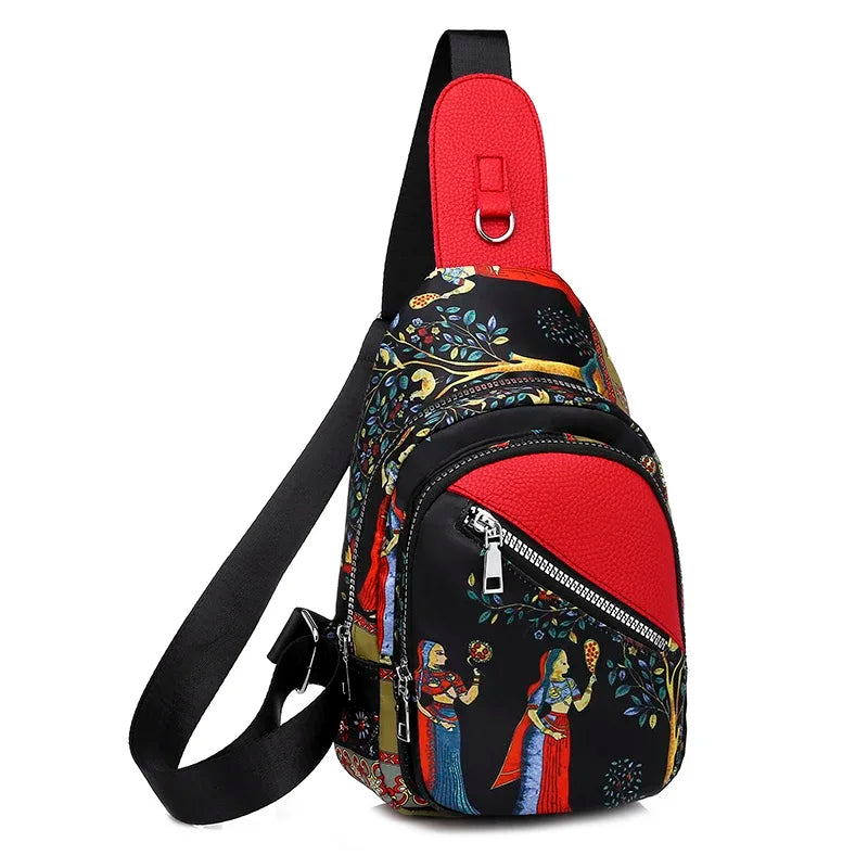 Trendy Ethnic Chest Bag for Women, Multiple Pockets, Large Capacity, Crossbody Bag for Coins, Mobile Phone, Cards, and Wallet