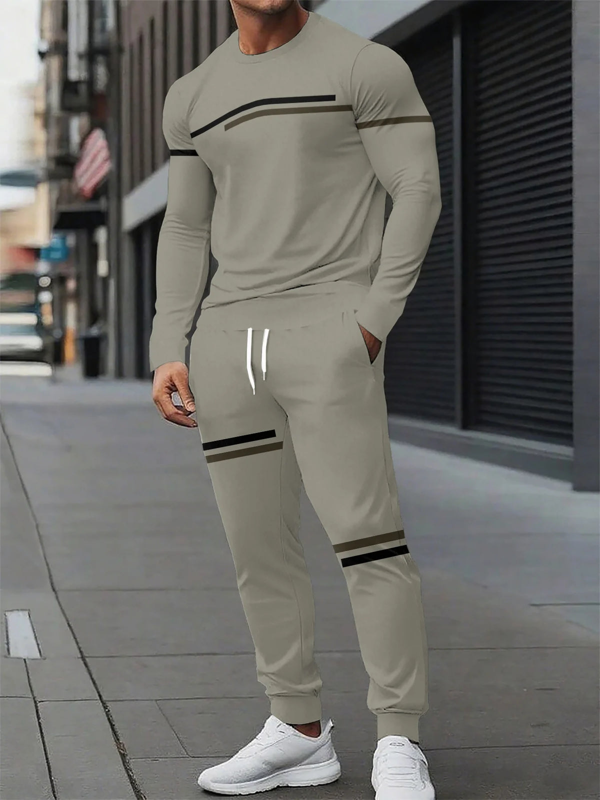 Men's Two-Piece Set Autumn 2026 New Arrival Black White Tie-Dye Panel Print Stylish Crew Neck Sporty Trendy Streetwear Style