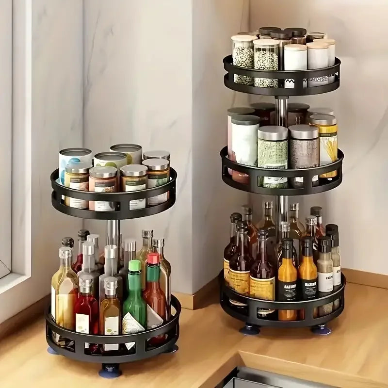 3-Tier Metal Rotating Spice Rack 360-Degree Non-Skid Carbon Steel Storage Tray for Kitchen Seasonings and Cans