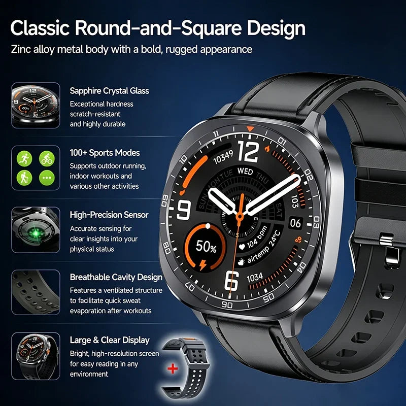 2026 W9 400mAh Men Smart Watch Multi Sport Modes Fitness Tracking Bluetooth Calling Large Battery SOS Outdoor Compass Smartwatch