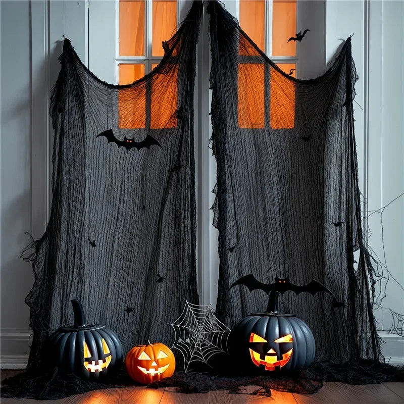 Telas Negras Espeluznantes para Halloween 76x198cm Telas de Malla Tipo Queso Telas de Gasa para Fiesta de Halloween Telas de Malla para Telarañas de Pared Telas para Escenas de Terror Accesorios