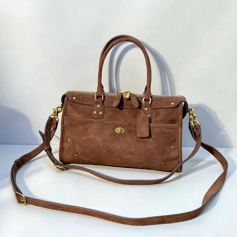 Vintage Faux Suede Boston Bags For Women Luxury Designer Handbag And Purse 2026 New In Riveted Lock Top Handle Underarm Shoulder