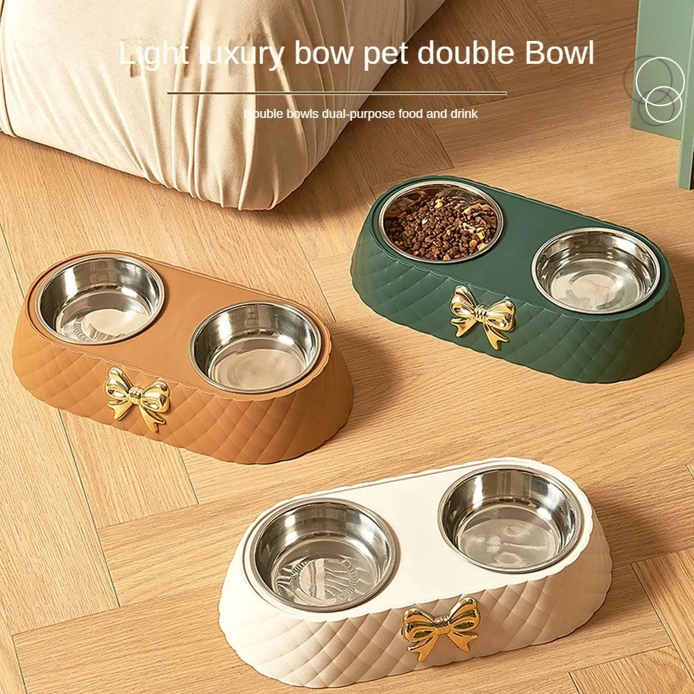 Gamelle double pour animaux de compagnie en acier inoxydable avec socle en polypropylène et nœud papillon pour chats et chiens, accessoires d'alimentation et d'abreuvement