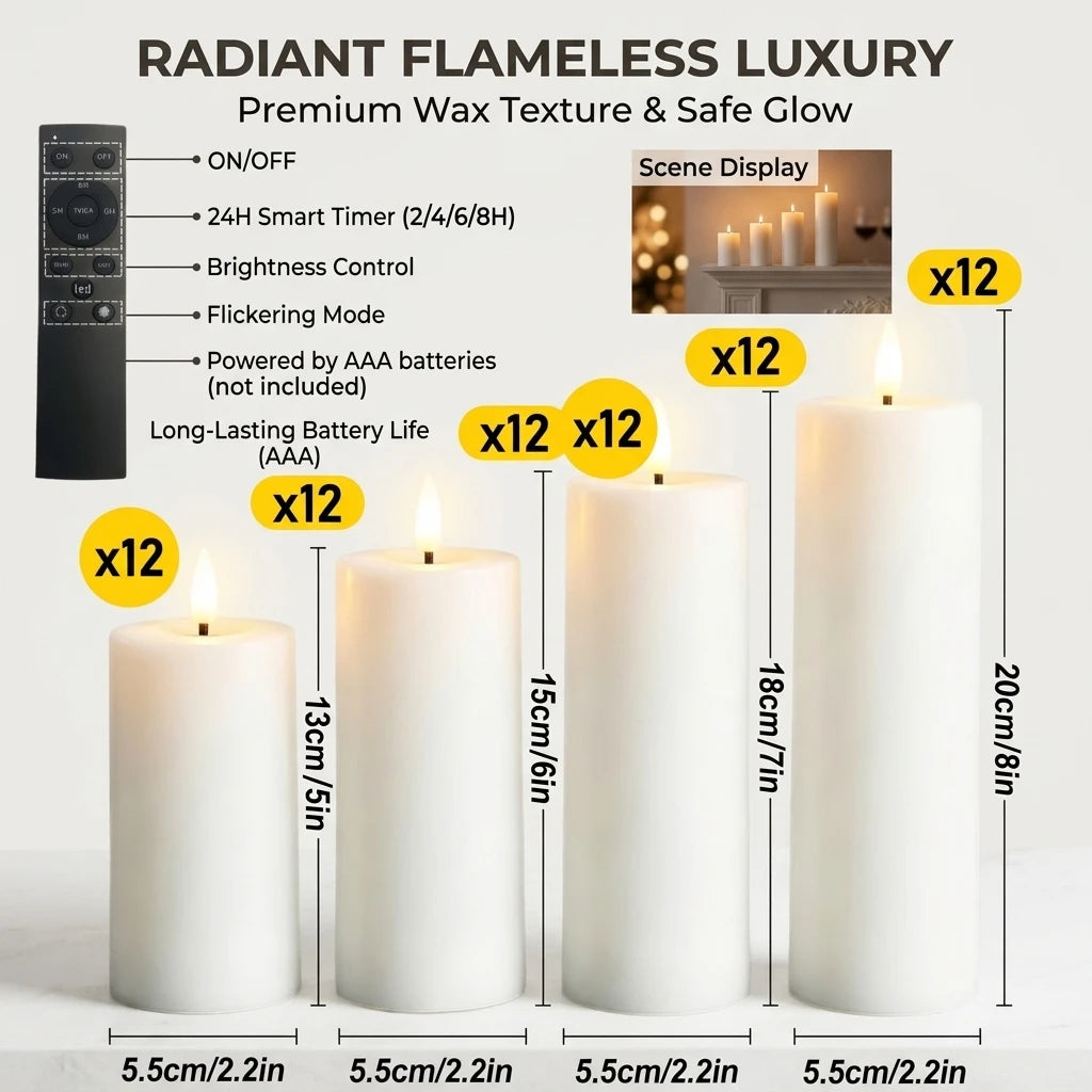 48 white electronic candles with warm light, ideal for home decor, fireplace, Christmas decoration, wedding and courtyard. Batteries not included.