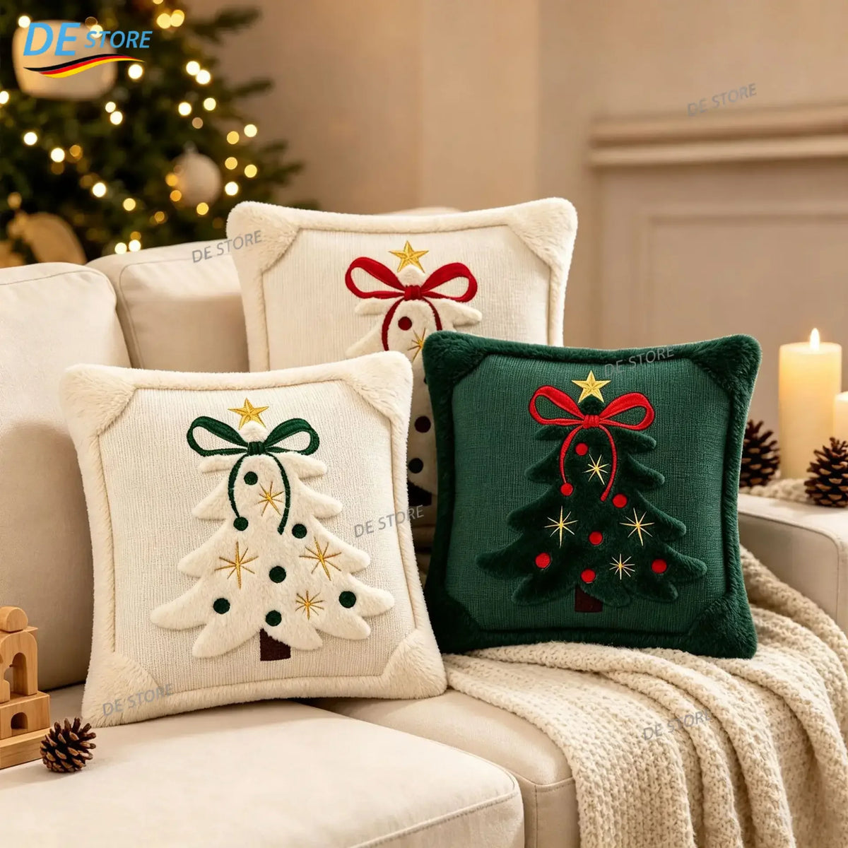 3D-Jacquard-Kissenbezug mit Winterplüsch und gestickter Schleife und Stern, Weihnachtsdekoration, 45 x 45 cm, Geschenk zu Weihnachten und Neujahr