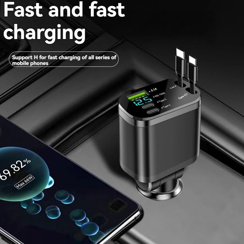 Chargeur voiture, chargeur voiture avec câble rétractable, chargeur voiture PD, recharge rapide voiture, recharge ultra-rapide, recharge flash, chargeur allume-cigare cinq en un