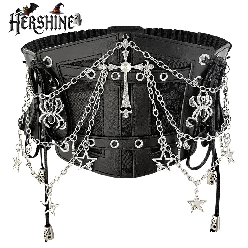 Ceinture large élastique à chaînes croisées tendance pour femme HERSHINE, accessoires Y2K gothique, punk, Harajuku, rock, hip-hop, printemps, été