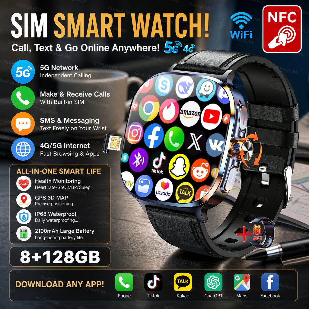 5G/4G LTE SIM Smart Watch 2.4" AMOLED 8+128GB GPS Map NFC WiFi Video Call Chat GPT Android Smart Watch Men Support Download APP