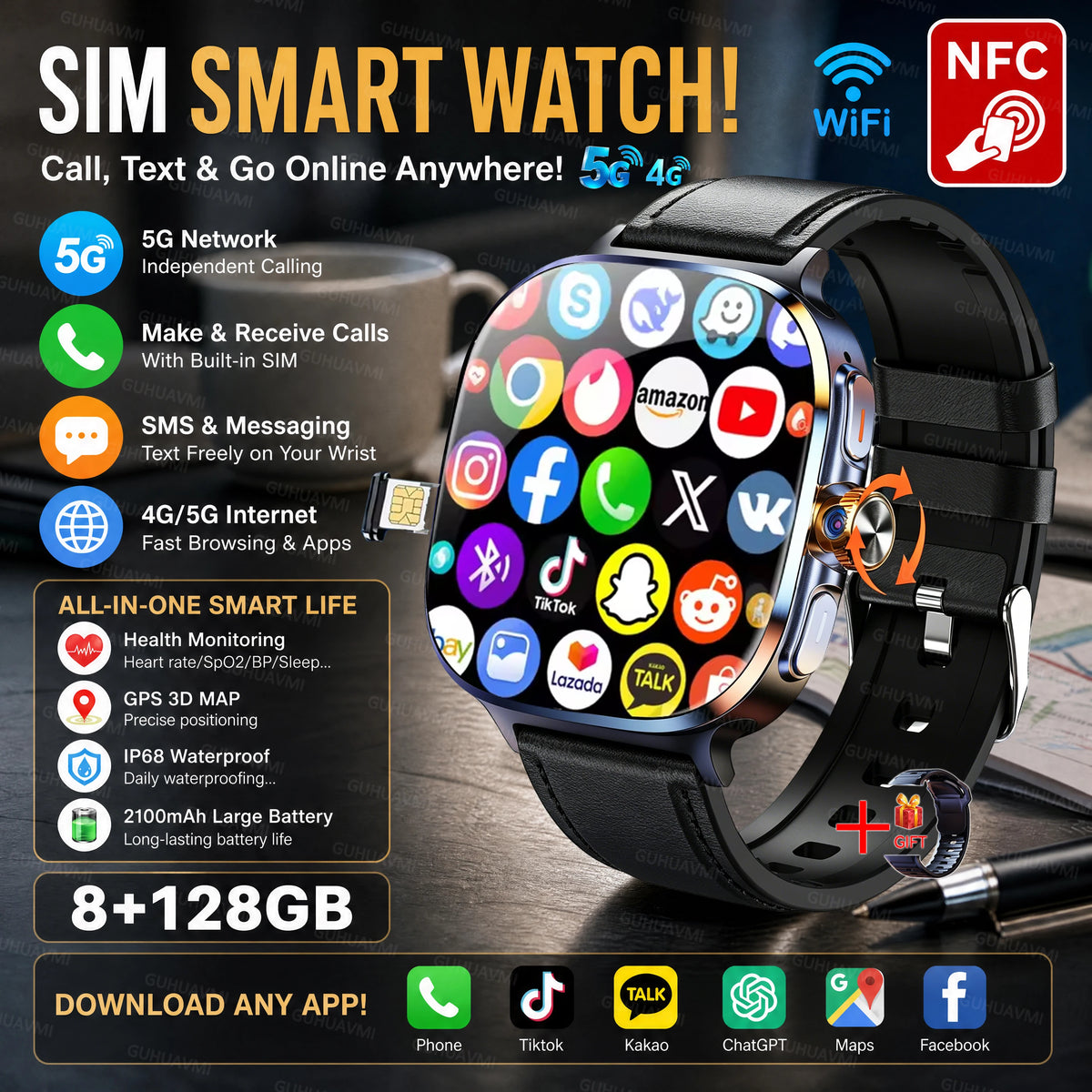 5G/4G LTE SIM Smart Watch 2.4" AMOLED 8+128GB GPS Map NFC WiFi Video Call Chat GPT Android Smart Watch Men Support Download APP