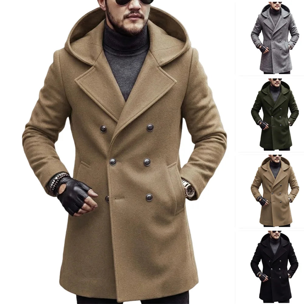 Hooded Jacket Men Wool Blends Mid Length Overcoat Double Breasted Full Sleeve Y2k Streetwear Work Trench Coat Autumn Winter 2026