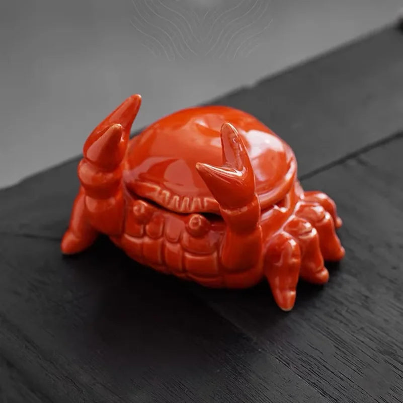Cenicero de cerámica pequeño con forma de cangrejo, mascota de té, para oficina, hogar y sala de estar, con tapa para recoger las cenizas, decoración de escritorio, regalo