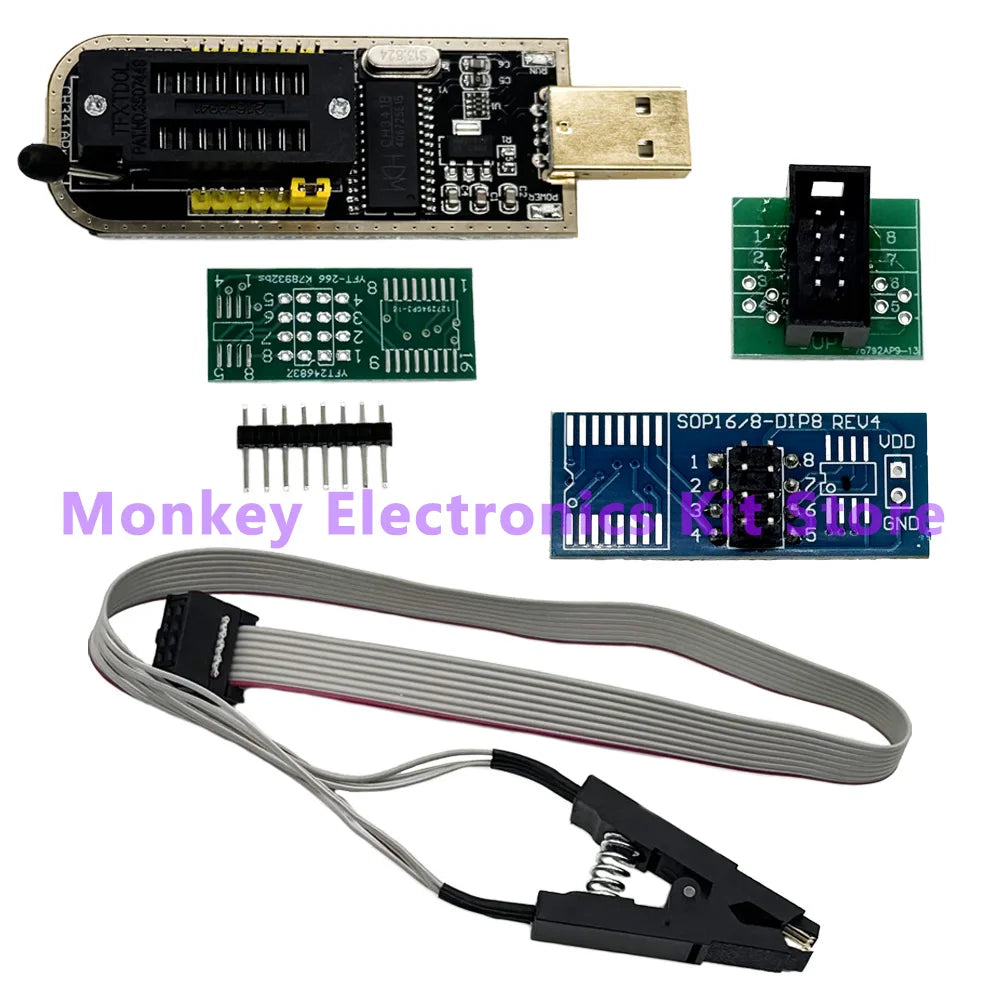 Adaptateur de programmateur CH341A/B + pince SOP8 + adaptateur SOIC8 avec câble + adaptateur 1,8 V Programmateur USB BIOS Flash EEPROM CH341A adaptateur ZIF
