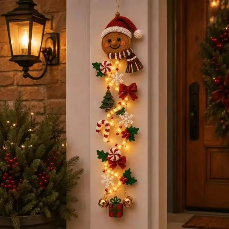 Christmas Door Hanger LED Glowing Handmade Crochet Santa Xmas Tree Bell Ornament Home Wall Front Door New Year Ornaments