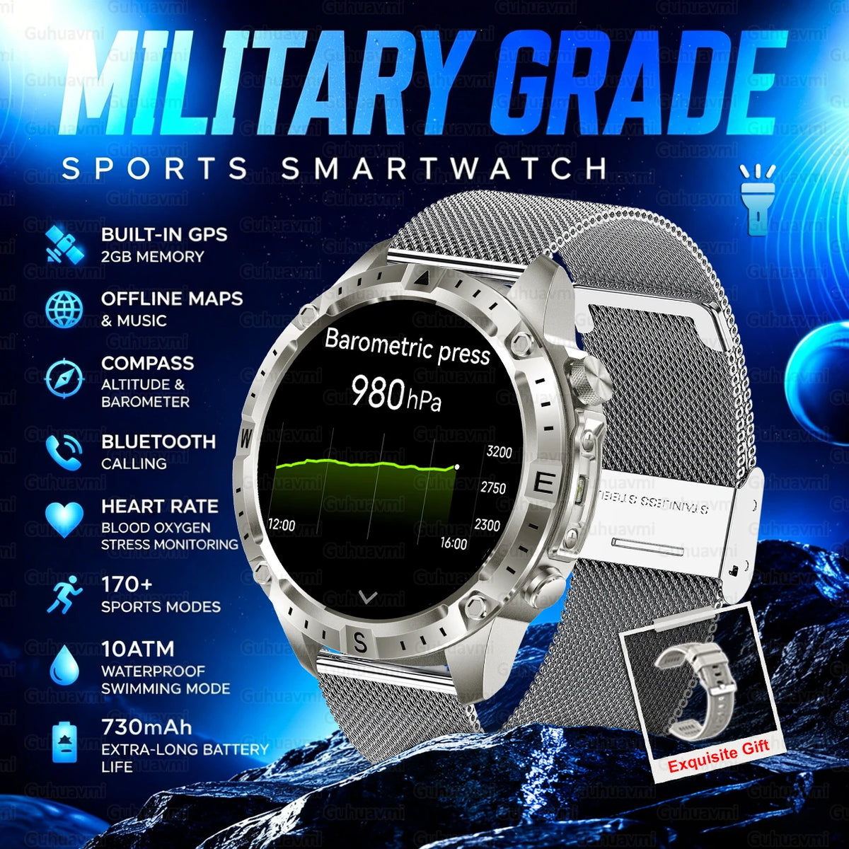 GPS Outdoor Smartwatch with Compass and Offline Map Feature