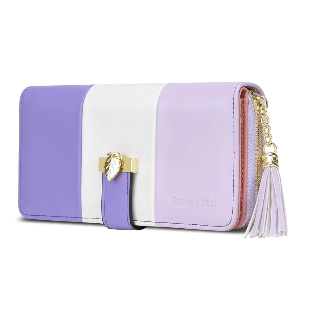 Pomelo Best 2026 Women RFID Wallet Color Block PU Clutch Multi Card Slots Phone Compartment Zipper Ladies Travel Coin Purse