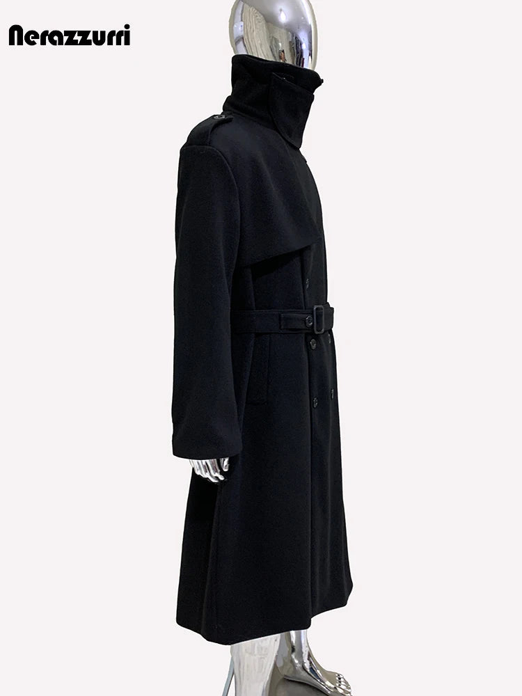 Nerazzurri Autumn Winter Long Oversized Black Warm Woolen Coat Men Belt Chic Luxury Designer Clothes Wool Blends Overcoat 2024