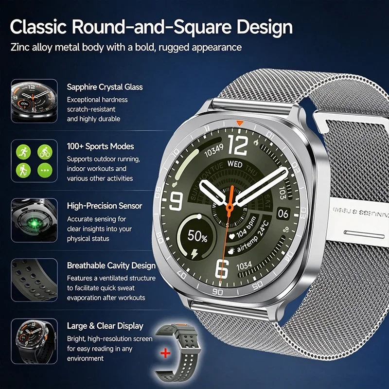 2026 W9 400mAh Men Smart Watch Multi Sport Modes Fitness Tracking Bluetooth Calling Large Battery SOS Outdoor Compass Smartwatch