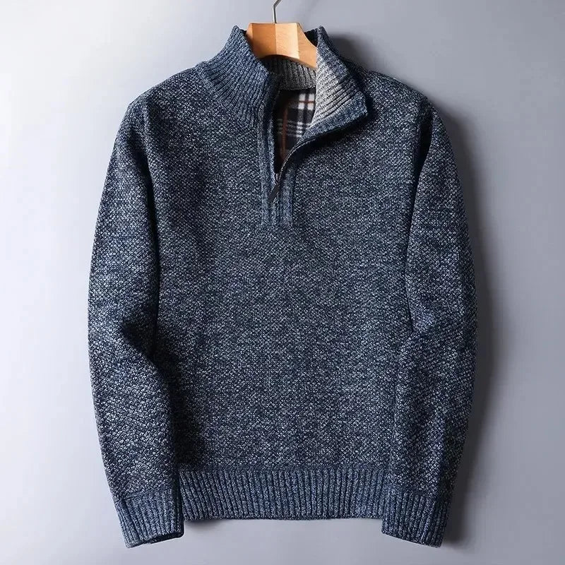 Autumn Winter Men's Sweater Padded Thickened Mock Neck Half Zipper Solid Color Warm Casual Pullovers Male Trendy Knitwear