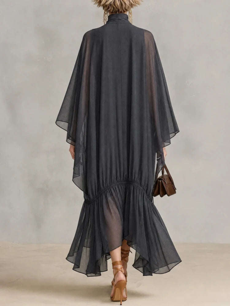 Elegant Women's Sheer Chiffon Maxi Dress with Turtleneck, Batwing Sleeves, Loose Flowy Ruffles, Casual Holiday Party Dress
