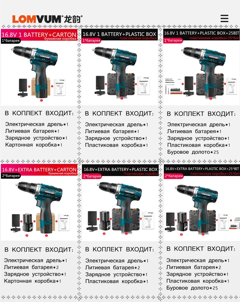 LOMVUM Rechargeable Lithium Battery Cordless home 20V Electric Drill bit wall 16.8V Electric Screwdriver with Plastic case
