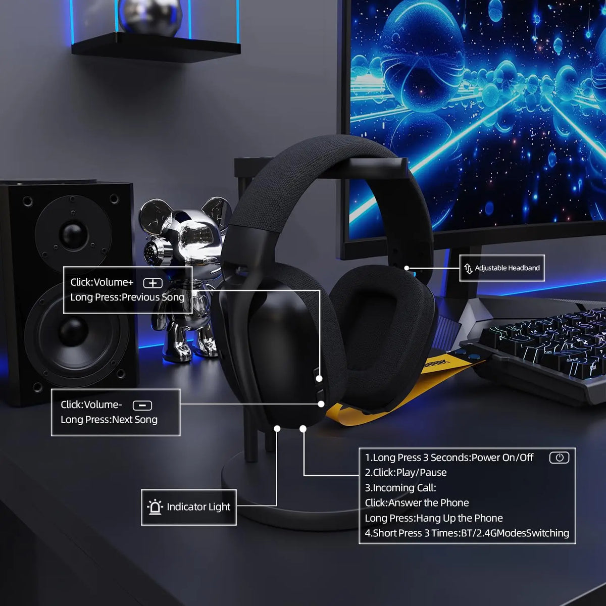 ATTACK SHARK L80PRO Kabelloses Gaming-Headset Lightseed Tech- Integriertes & abnehmbares Dual-Mikrofon-Leichtes Headset-Dreimodi