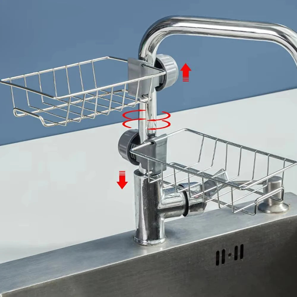 Escurridor para fregadero de cocina, soporte flexible para grifo y organizador de esponjas, jabón, cepillos y toallas, estante de almacenamiento para cocina y baño