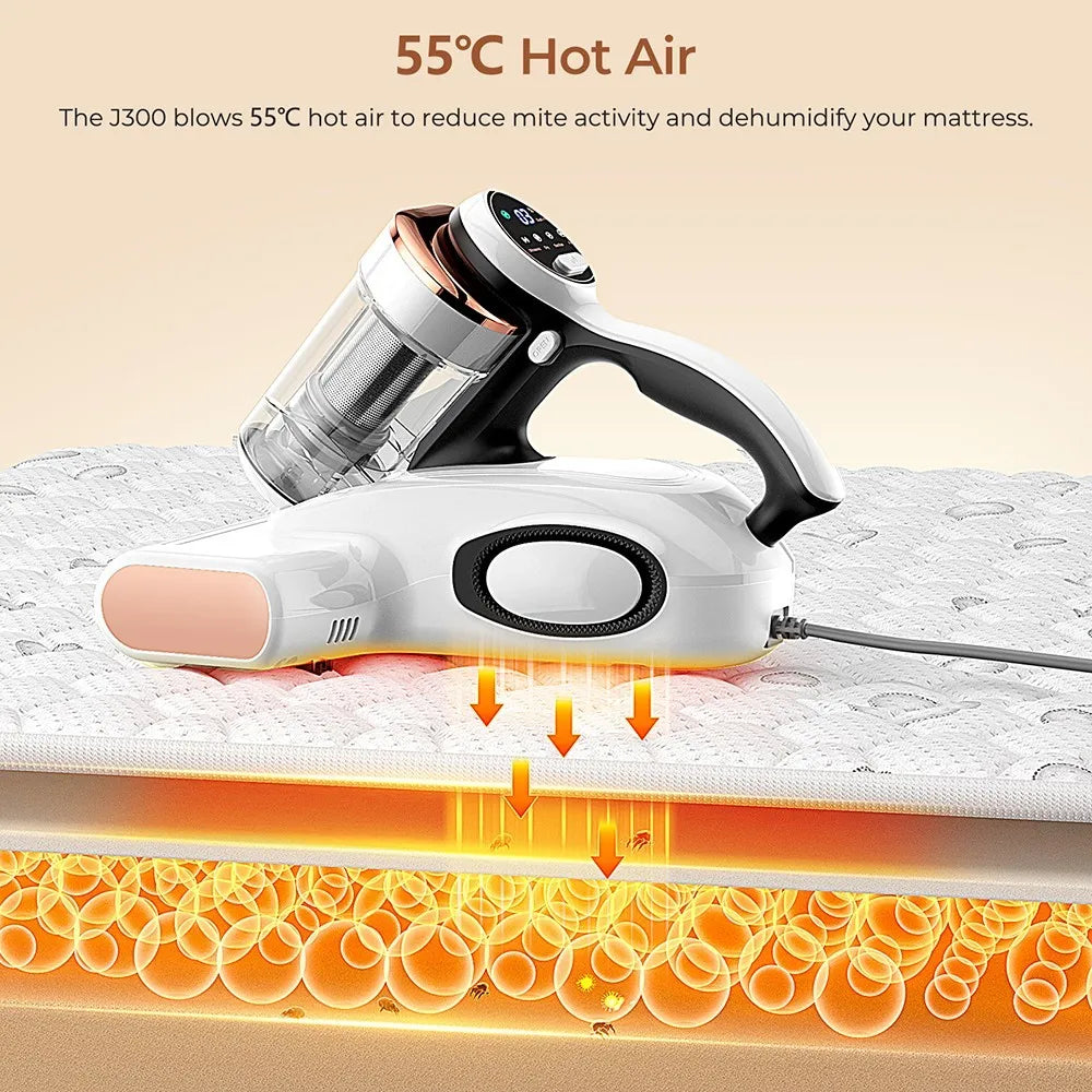 JIGOO J300 Aspirateur intelligent à double bac anti-acariens 500W avec Aspiration 13Kpa Capteur d'acariens Conception à double bac Rouleau de brosse en métal Air chaud 55 ℃