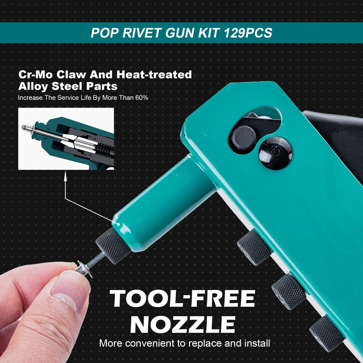 Rivet Gun Kit, Pop Rivet Gun, Heavy Duty Rivet Tool, Professional Hand Riveter, Manual Riveting Tool with 120 Blind Rivets, 4 HSS Drill Bits, 4 Tool-free Interchangeable Heads