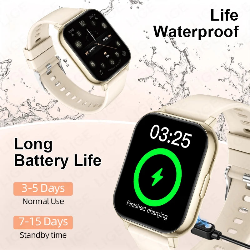 LIGE New 1.83"HD Smart Watch Women Men Health Monitoring Waterproof Bluetooth Call Multi-Sport Modes Smartwatch For Android ios