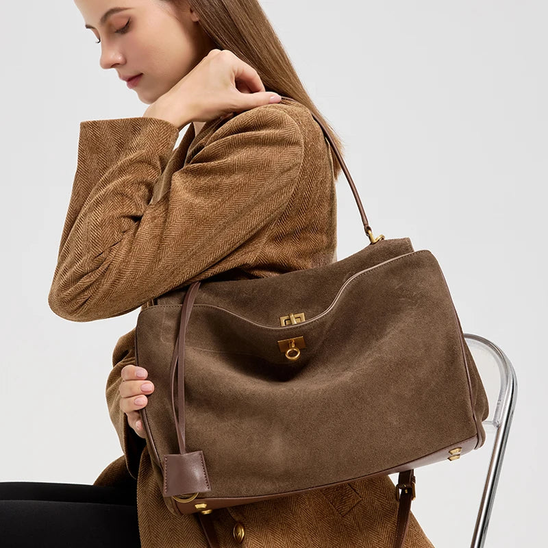 Suede Bags Women Genuine Leather Handbag Winter Luxury Brand Woman Shoulder Bag Totes Gold Buckle Large Capacity Female Bags