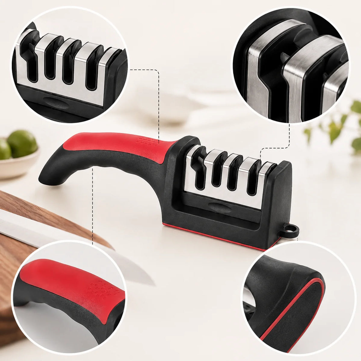 Afilador de cuchillos de 4 etapas para cuchillos de cocina, de acero inoxidable, con piedra de afilar de triple uso para utensilios de cocina