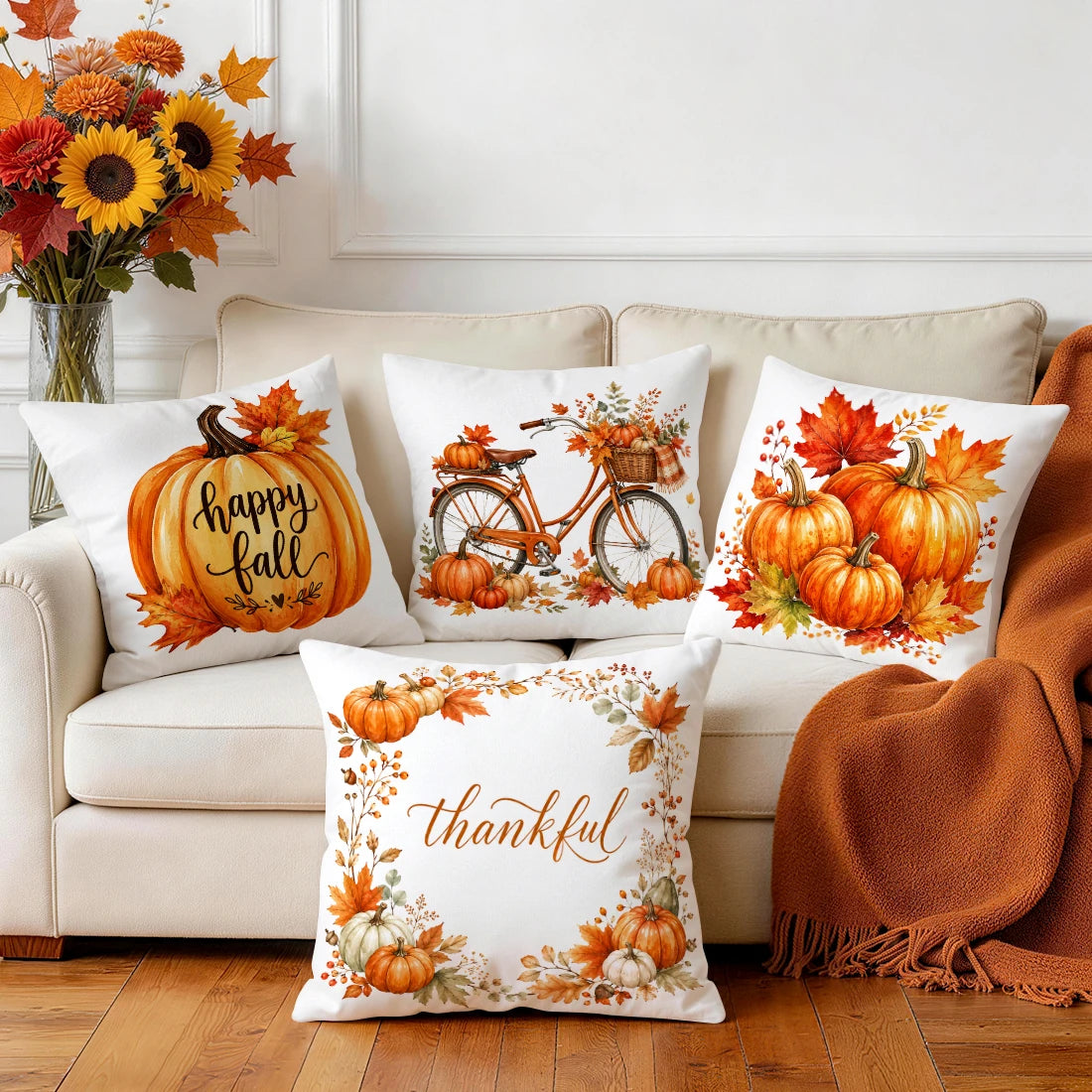 Funda de cojín de calabaza otoñal, poliéster estampado, 40/45/50 cm, cojín decorativo para sofá, funda de cojín, decoración del hogar