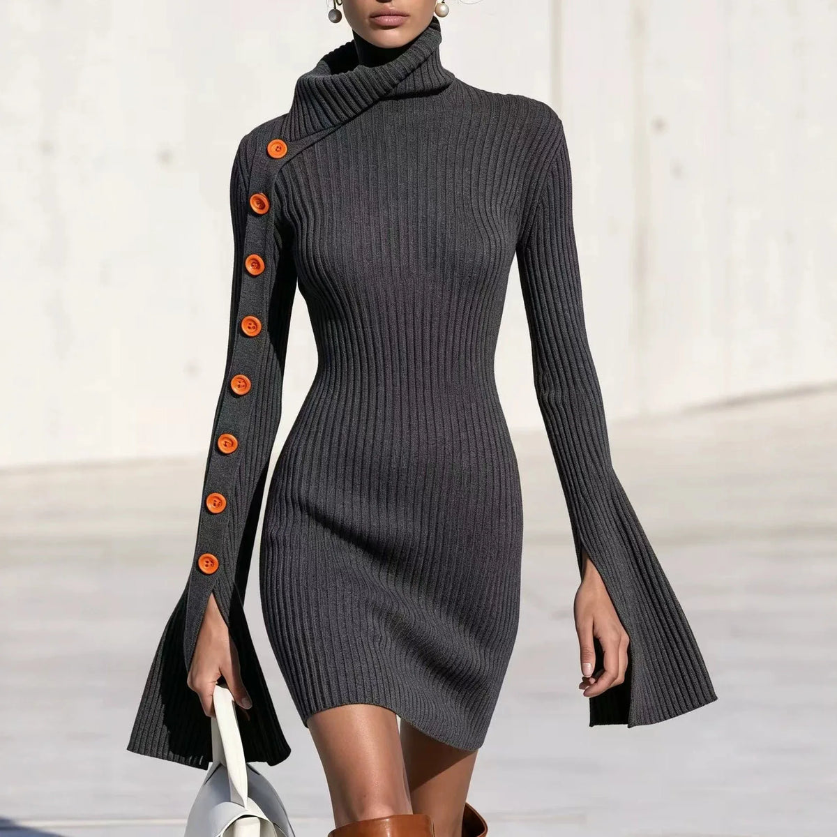 Women's Elegant Ribbed Knitted Tight Fitting Dress With High Neck Split Flared Sleeves Decorative Buttons Slim Fit Party Dress
