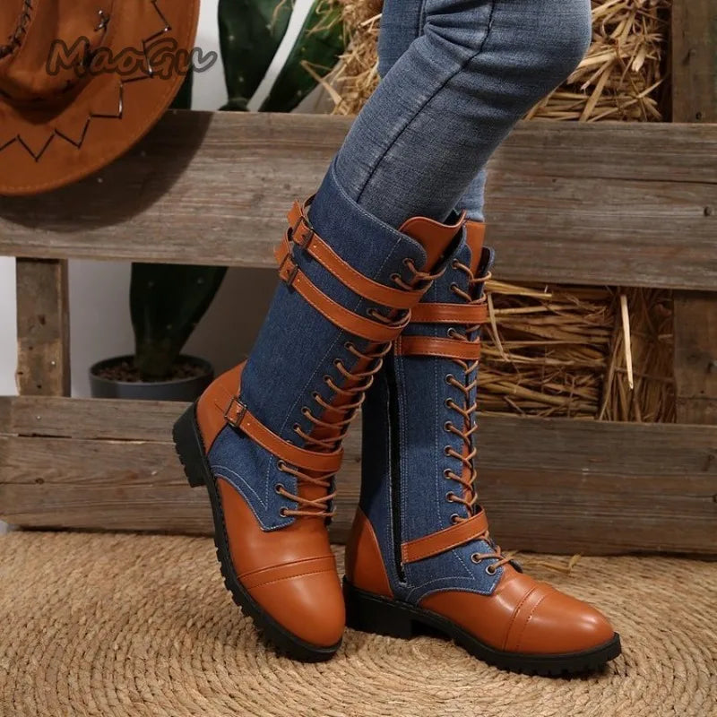 Women's Plus Size 35-43 Chunky Heel Lace Up Riding Boots Mid Calf Leather Boots Round Toe Autumn Fashion Cowgirls Shoes Side Zip