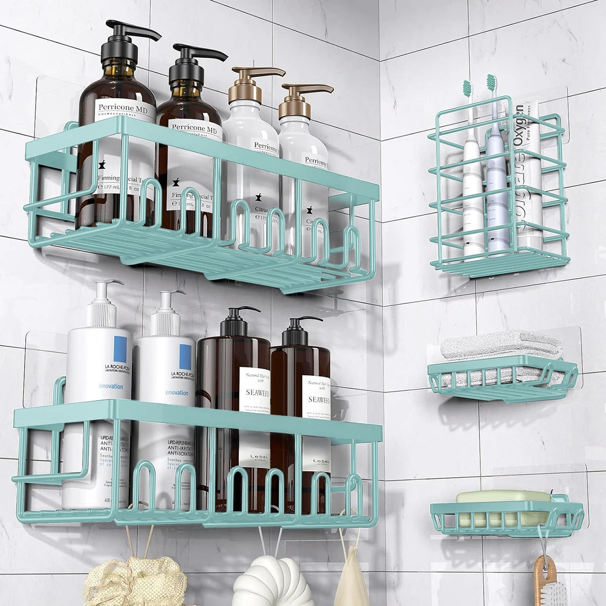 Set bagno da 5 ripiani angolari adesivi in acciaio inox
