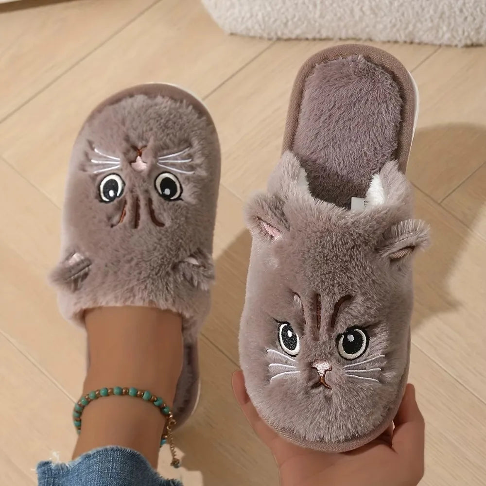Women's Fuzzy Cat Slippers Winter Warm Cozy Indoor House Shoes With Soft Non-Slip EVA Sole Cute Animal Design For Home Use